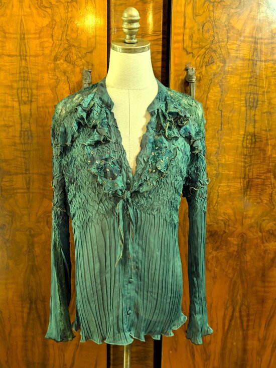 Alberto Makali Tops - Alberto Makali Sequin Beaded Crinkle Blouse XL Green Lace Accent Whimsical